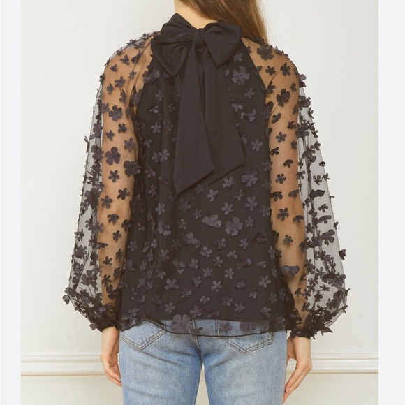 NEW black daisy floral appliqué organza bow blouse - Picture 5 of 6